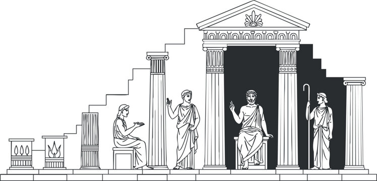 Line art illustration of an ancient Greek temple featuring statues of mythological figures and classic architectural elements.