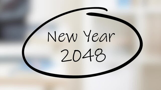 New Year 2048 Handwriting using black marker on glass