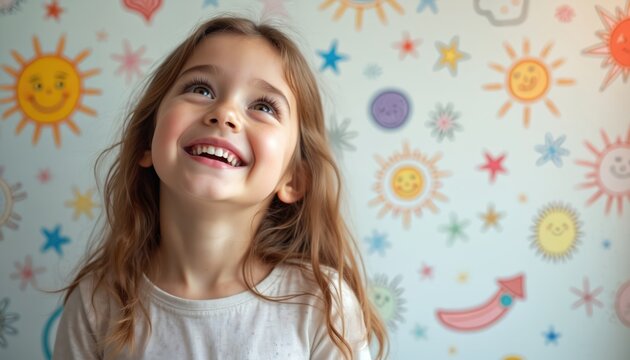 Smiling girl with wavy hair looks up happily against wall decorated with colorful suns, stars. Wears white shirt, embodying joy, wonder. Image conveys themes of childhood innocence, optimistic