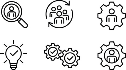 Business management icon set, HR process symbols, employee management, teamwork concept, productivity solutions, project planning, innovation, performance optimization design