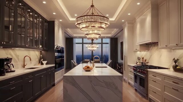 Step into a breathtaking kitchen adorned with elegant chandeliers and a stunning marble island. The sleek cabinetry and modern appliances create a perfect blend of style and functionality, ideal for c
