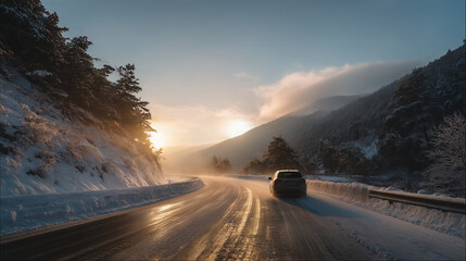 Car driving along a snowy mountain road at sunrise, glowing golden light reflecting on icy surface. Concept of freedom, winter travel and adventure lifestyle