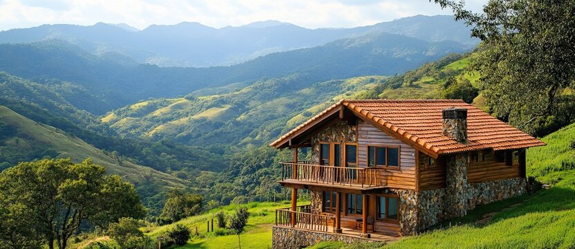 A cozy wooden cabin with red roof nestled in lush green mountains under a cloudy sky - Powered by Adobe
