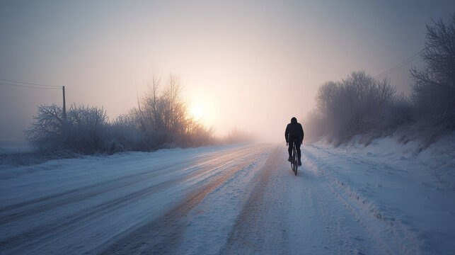 Lonely cyclist riding through snowy countryside road at sunrise, surrounded by frozen trees and mist. Concept of endurance, freedom, and winter adventure.

