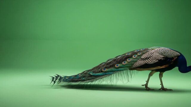 Elegant peacock strutting confidently across a vibrant green backdrop, its iridescent feathers shimmering, perfect for nature documentaries or exotic animal ads