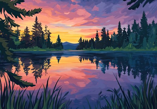 A pristine mountain lake reflecting a dramatic sunset with golden light and purple clouds, surrounded by lush green meadows and pine trees - Powered by Adobe