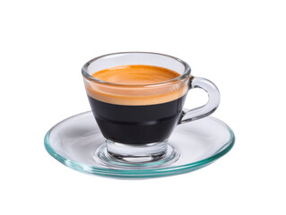 Naklejka premium Espresso coffee in clear glass cup with rich crema on glass saucer, isolated on transparency background, showcasing fresh, aromatic, and inviting beverage for morning energy and relaxation