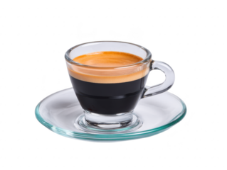 Espresso coffee in clear glass cup with rich crema on glass saucer, isolated on transparency background, showcasing fresh, aromatic, and inviting beverage for morning energy and relaxation