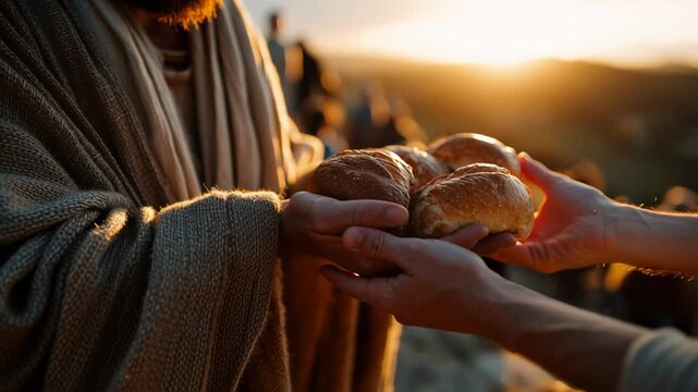 Jesus shares bread with a crowd during sunset in a serene landscape