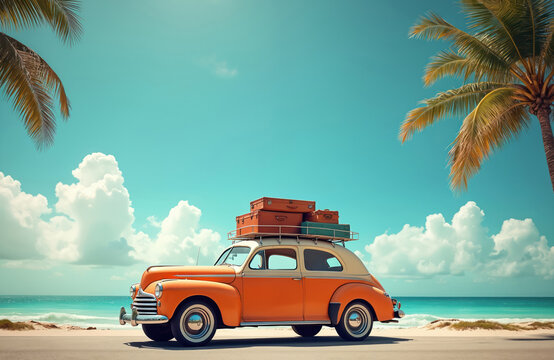 Vintage orange car packed with suitcases sits by the sea. Palm trees frame bright blue sky and ocean waves. Ready for a fun summer road trip adventure.