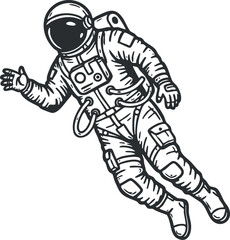 Detailed black and white vector illustration of an astronaut floating in space, ideal for science and exploration projects