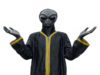 Alien in black robe with gold trim, arms raised, isolated on transparent background, mysterious and curious expression, science fiction fantasy concept