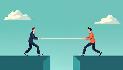 Two business professionals engage in competitive tug of war across chasm. Intense rivalry strategic challenges, overcoming obstacles within corporate world. Illustration represents conflict