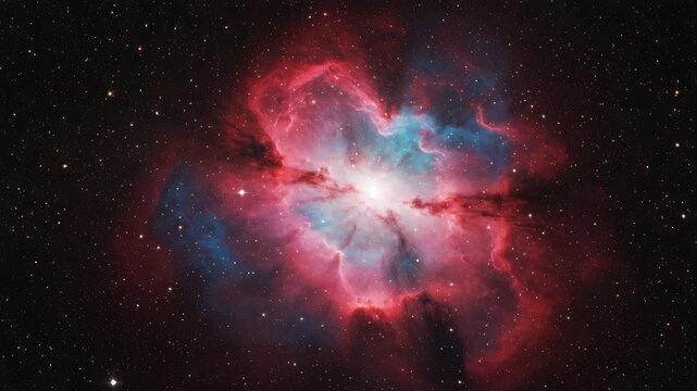 Cosmic nebula illuminated in red and blue against stellar background