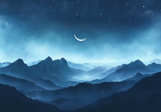 A serene nighttime landscape featuring layers of misty blue mountains under a starry sky