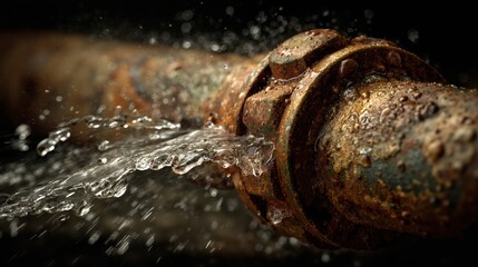 Old rusty pipe joint leaking water dramatically amidst dark background