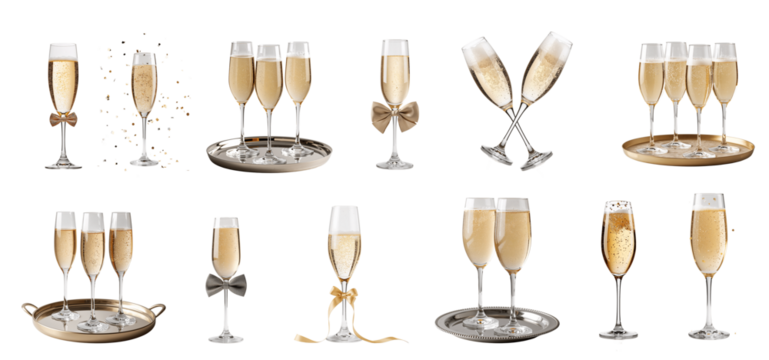 Champagne glasses, confetti isolated on transparent background