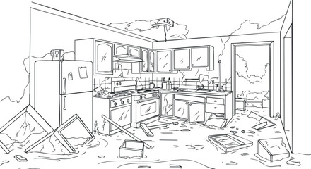 Obraz premium Outline vector illustration of a cluttered kitchen interior with disarrayed furniture and scattered items, ideal for home renovation concepts.