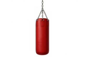 Red punching bag hanging, symbolizing boxing training, fitness workout, and combat sport strength