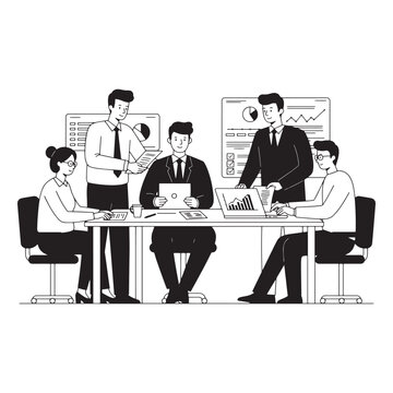 Business team meeting discussing charts and graphs at table