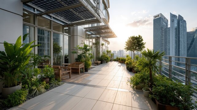 Modern urban balcony garden with cityscape views and abundant greenery at sunset - Powered by Adobe