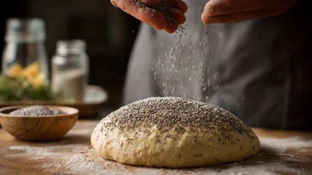 Medium frame showing a baker sprinkling omega3 packed chia seeds onto rising dough emphasizing healthful ingredient integration.