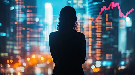 A silhouette of a woman in a suit standing before a glowing digital cityscape with stock charts and data overlays