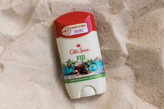 Men's Old Spice Deodorant Stick Fiji Scented for a tropical summer scent in beige sand