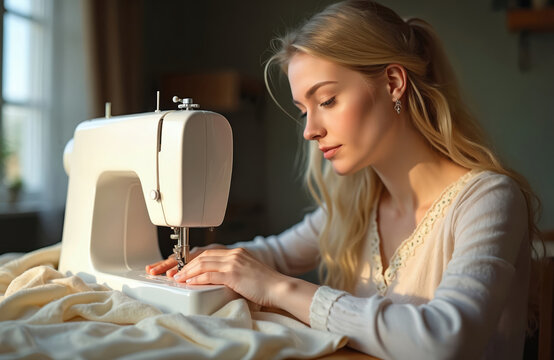 Woman sews fabric with sewing machine in workshop. Seamstress works with cloth. Dressmaker makes garment at sewing machine. Tailoring studio. Female sew clothes. Creative job. - Powered by Adobe