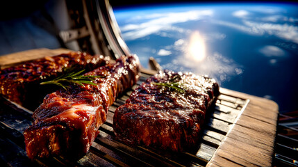Surreal concept of grilled ribeye steaks with rosemary on a grill rack overlooking the Earth from space.