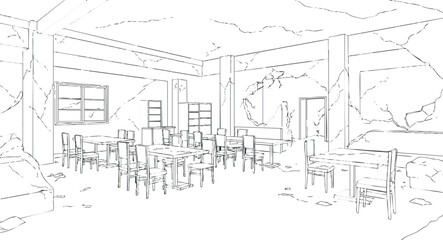 Line art illustration of a spacious restaurant interior featuring tables and chairs, ideal for architectural design and layout concepts