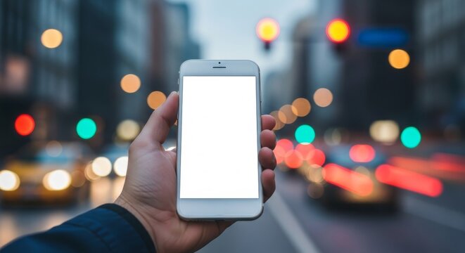 Phone Mockup in City Hand Holding Smartphone Blank Screen Cityscape Bokeh