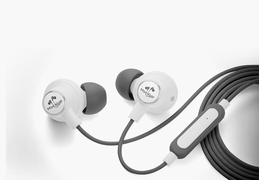 In Ear Headphones With Remote Control Lying Flat Mockup