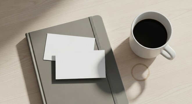 Business Cards Mockup With Coffee Cup and Notepad on Table Workspace