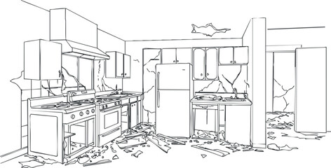 Fototapeta premium Outline vector illustration of a damaged kitchen interior with broken walls and scattered debris for renovation projects