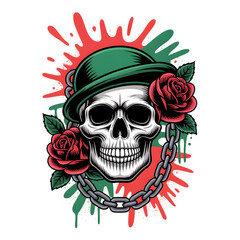 Edgy Graphic Art: Skull in Bowler Hat with Roses and Chain on Paint Splatter Background