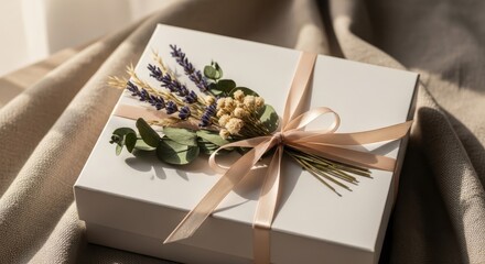 Elegant White Gift Box with Lavender and Ribbon for Special Occasion