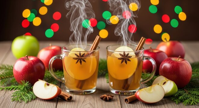 Warm Apple Cider With Cinnamon Sticks And Star Anise On Wooden Table With Apples And Holiday Bokeh Lights - Powered by Adobe