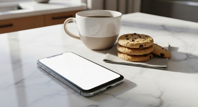 Coffee Cookies and Phone Mockup Morning Relaxation Still Life Photography