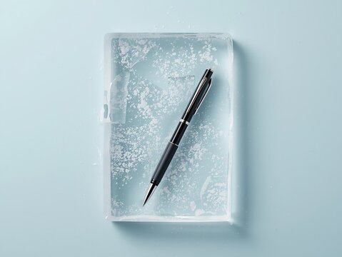 Luxury business pen on notebook encased in translucent ice with snow dust on pastel blue background. Creative winter concept for frozen assets, paused creativity or cold business ideas metaphor.