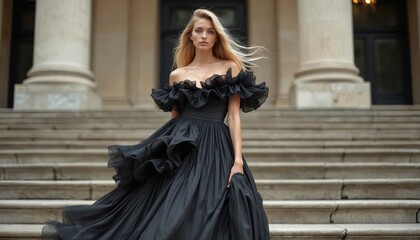 Blonde woman poses in black dress on stairs. Elegant model wears ruffle gown near building with classic columns. Fashion photography shows dress design, style. Haute couture for beauty advertising