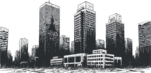 Fototapeta premium Monochrome vector illustration of a modern city skyline featuring tall skyscrapers and urban architecture for design projects