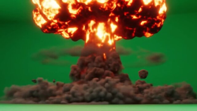 Dramatic mushroom cloud explosion animation over green screen for visual effects and creative projects offering fiery impact and intense energy