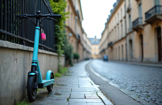 Turquoise electric scooter parked on stone paved sidewalk next to old iron fence in classic European city street. Bright pink lock secures vehicle. Cobblestone road, historic buildings line urban