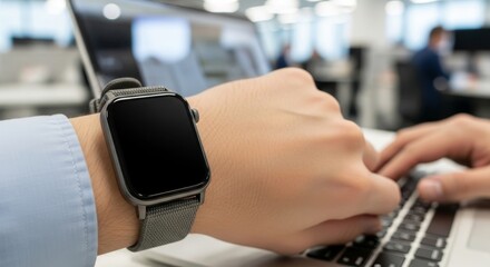 Typing on Laptop with Smartwatch in Office Smart Technology Business