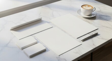 Blank Stationery Set with Coffee on Marble Tabletop for Brand Mockup