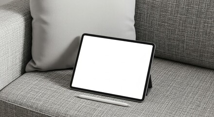 Tablet Mockup on Grey Sofa with Stylus for Website Advertising and UI Design