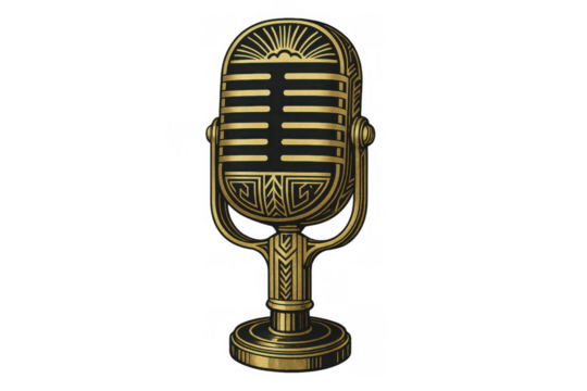 Vintage golden microphone in art deco style. Gold metal details on a black grid, with transparent background