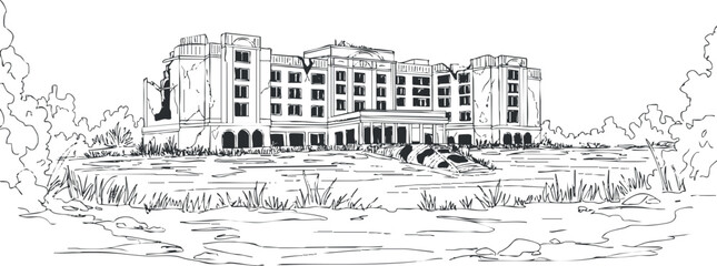 Obraz premium Detailed outline vector illustration of a modern hotel building surrounded by lush landscape, ideal for architectural design projects