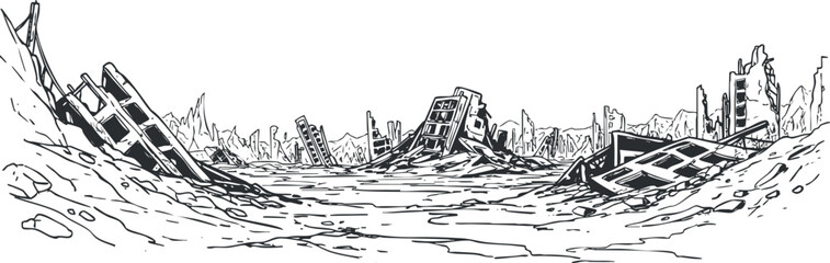 Fototapeta premium Black and white vector illustration of a devastated landscape featuring ruined buildings and debris for dystopian themes and design projects
